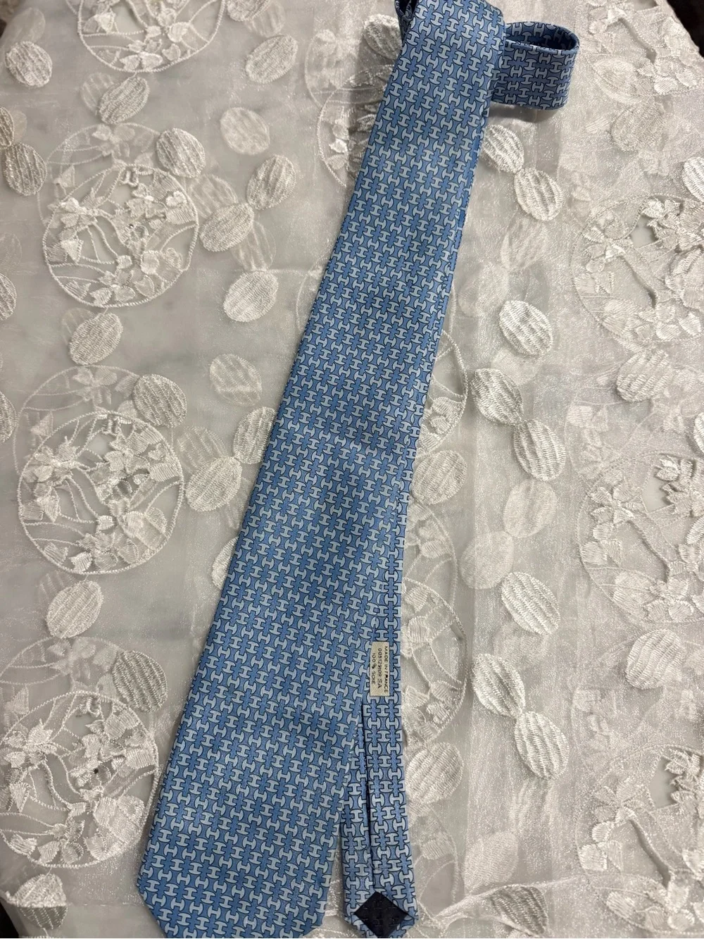 Hermes Light Blue Silk Tie with Geometric Interlocking Motif